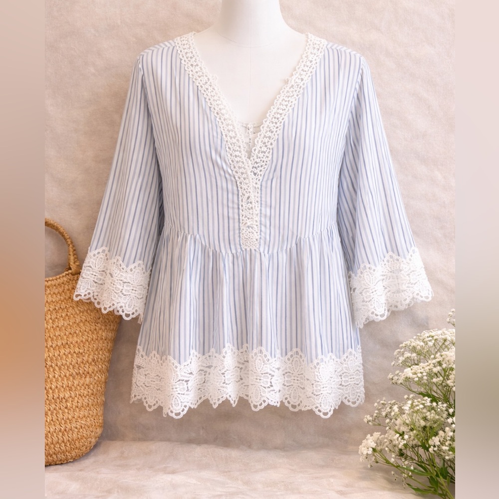 Catherine Malandrino Size 1X Cottagecore Blue and White Striped Blouse with Lace